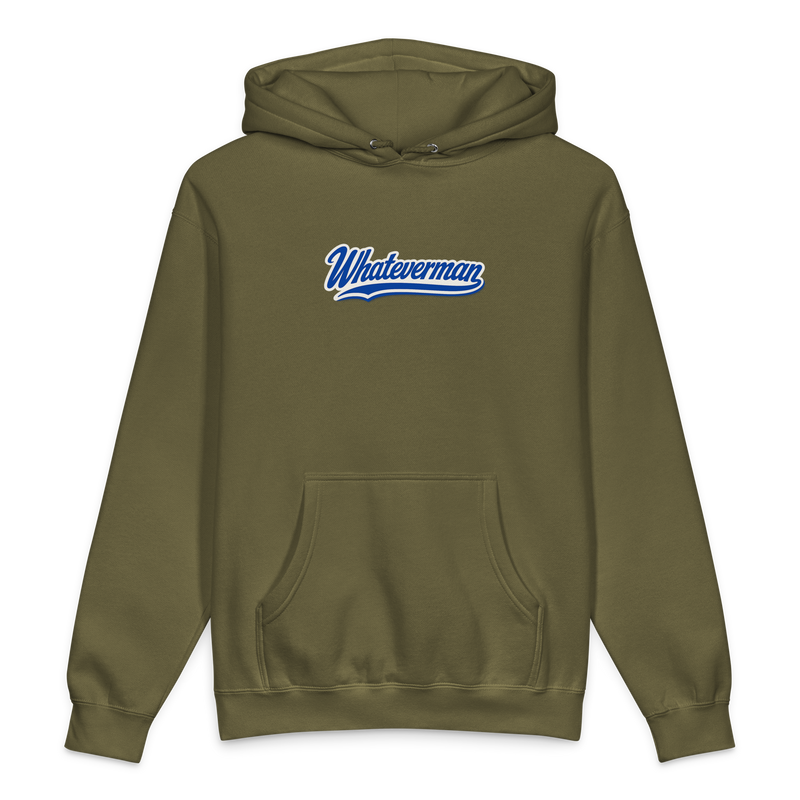 Whateverman Blue Script Heavyweight Hoodie in Army - front view