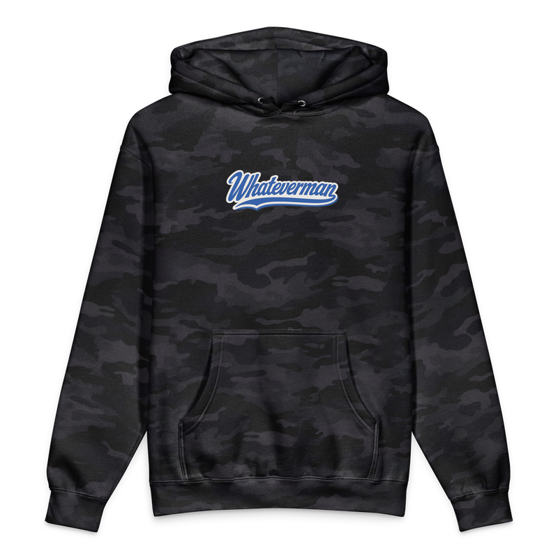 Whateverman Blue Script Heavyweight Hoodie in Black Camo - front view