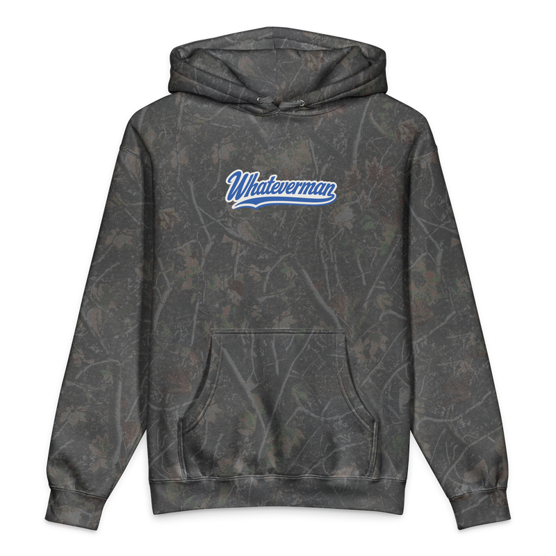 Whateverman Blue Script Heavyweight Hoodie in Darkwood Tree Camo - front view