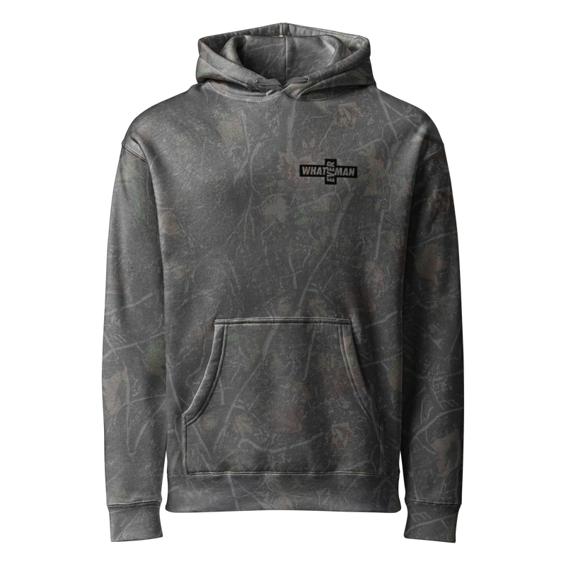 Whateverman Cross Logo Heavyweight Hoodie in Darkwood Tree Camo - front view