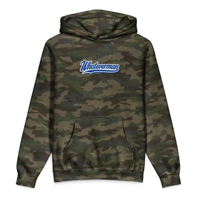 Whateverman Blue Script Heavyweight Hoodie in Forest Camo - front view