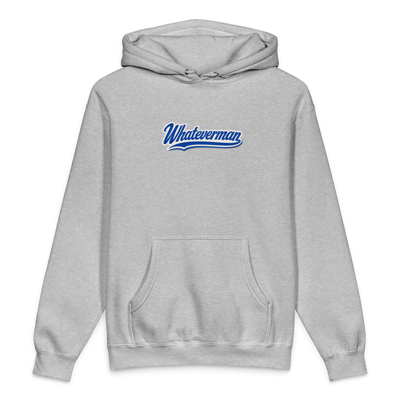 Whateverman Blue Script Heavyweight Hoodie in Grey Heather - front view
