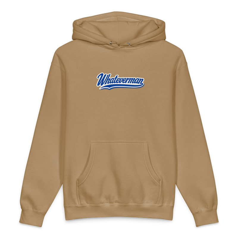 Whateverman Blue Script Heavyweight Hoodie in Sandstone - front view