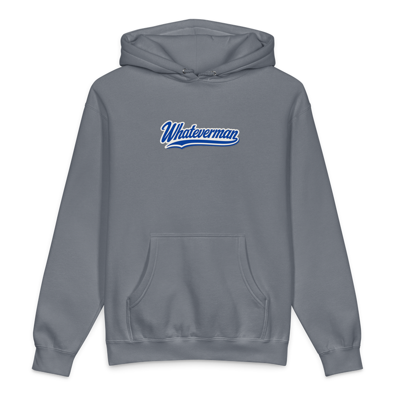Whateverman Blue Script Heavyweight Hoodie in Storm Blue - front view
