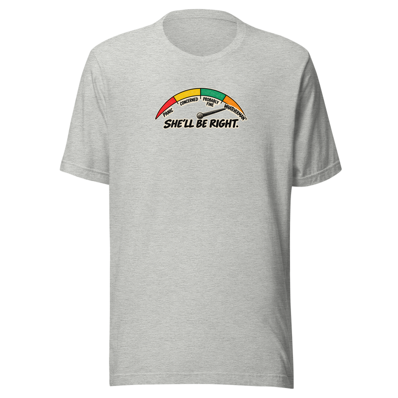Whateverman She’ll Be Right Gauge Tee in Athletic Heather - front view with colourful retro worry meter graphic
