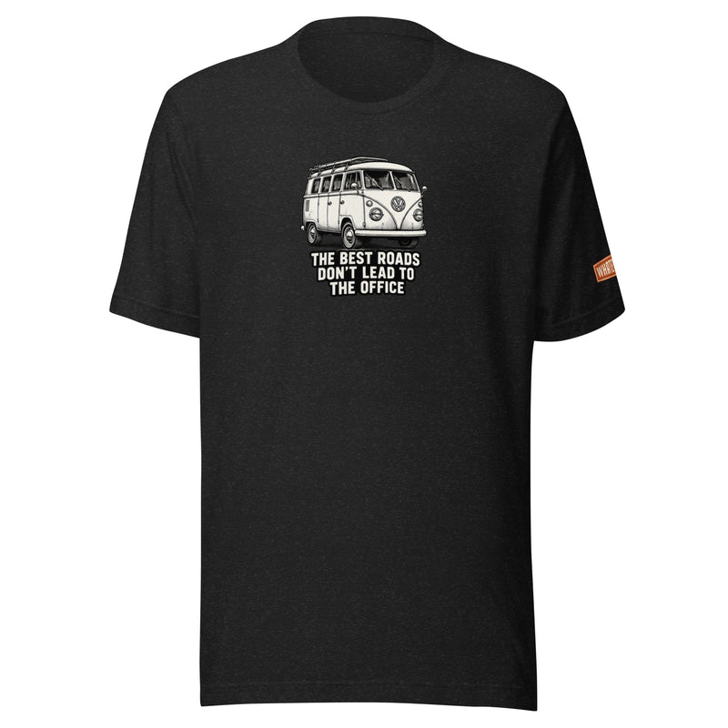Whateverman Best Roads VW Kombi Tee in Black Heather - front view with classic campervan graphic and slogan