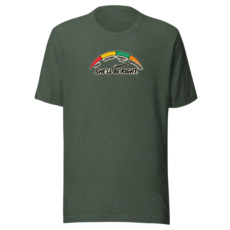 Whateverman She’ll Be Right Gauge Tee in Heather Forest - front view with colourful retro worry meter graphic