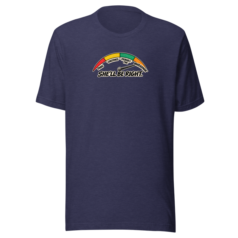 Whateverman She’ll Be Right Gauge Tee in Heather Midnight Navy - front view with colourful retro worry meter graphic