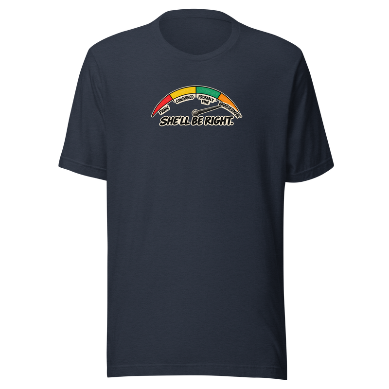 Whateverman She’ll Be Right Gauge Tee in Heather Navy - front view with colourful retro worry meter graphic