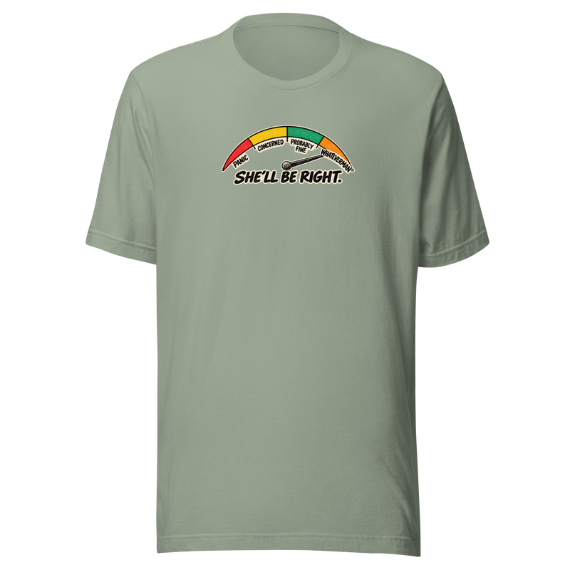 Whateverman She’ll Be Right Gauge Tee in Sage - front view with colourful retro worry meter graphic
