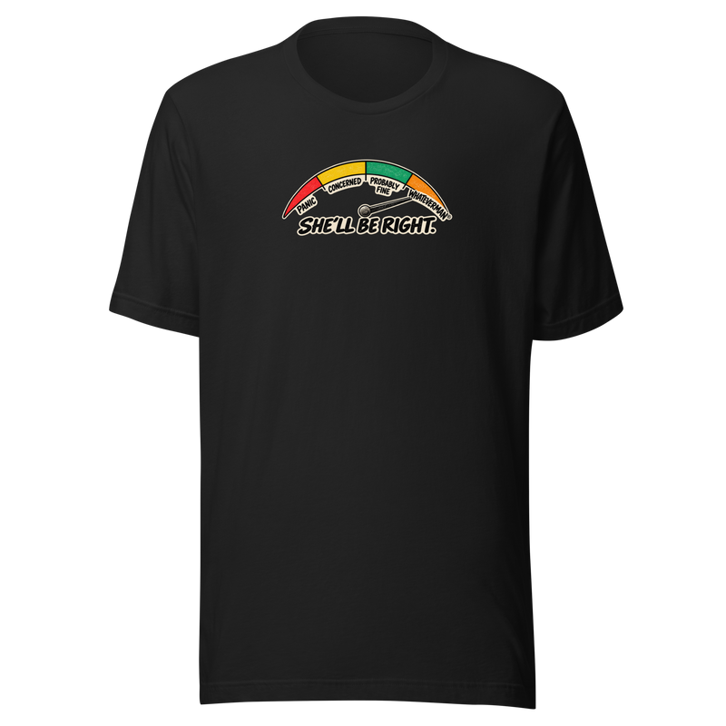 Whateverman She’ll Be Right Gauge Tee in Vintage Black - front view with colourful retro worry meter graphic