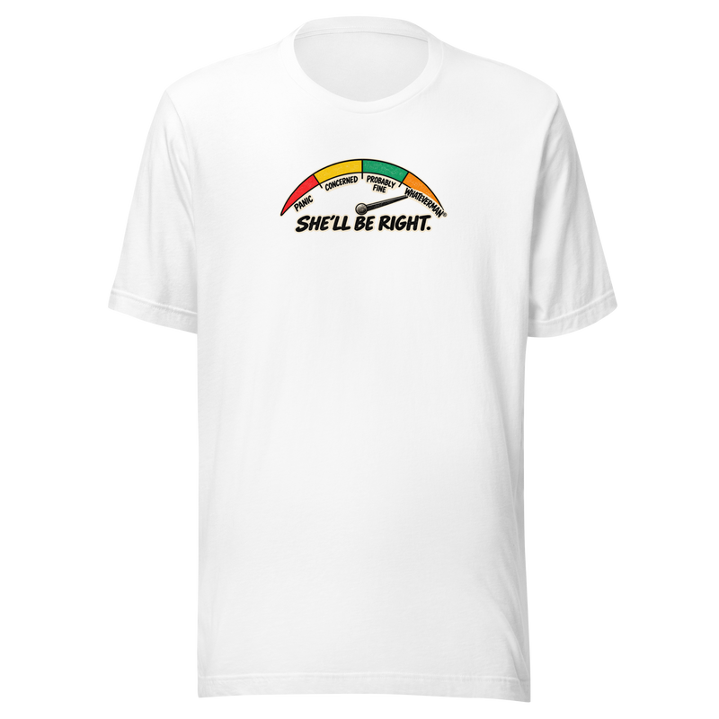 Whateverman She’ll Be Right Gauge Tee in White - front view with colourful retro worry meter graphic